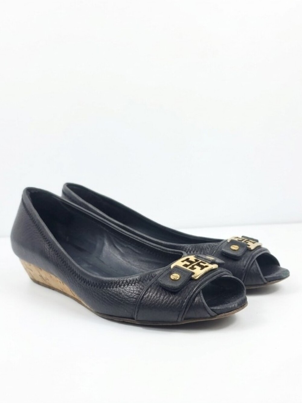 Tory Burch Logo Amanda Bleu Navy Low Heel Wedge Women's Shoes Size 8.5
